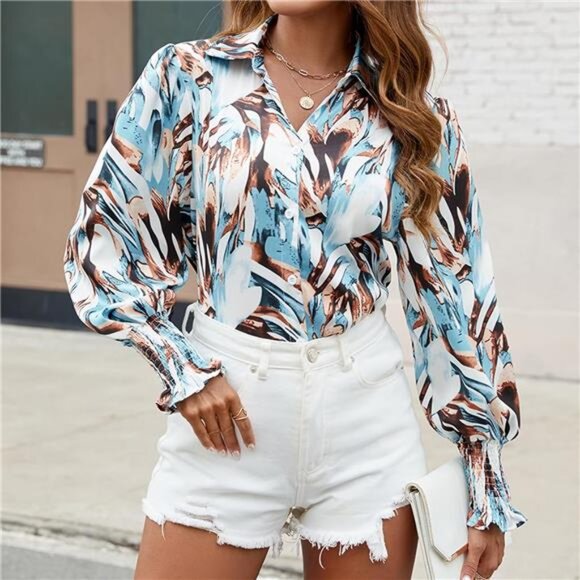 Women's Boho Blouses – Chiffon Button-Down, Long Sleeve, V-Neck - Picture 4 of 7